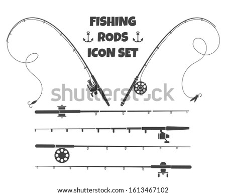 Spinning fishing rod. Fish-rod and spoon-bait tools set isolated on white background with tackle and hook gearing reel instruments