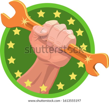 The hand holds a Golden wrench in a circle of bright yellow stars this is the best service for servicing cars and any equipment and so on