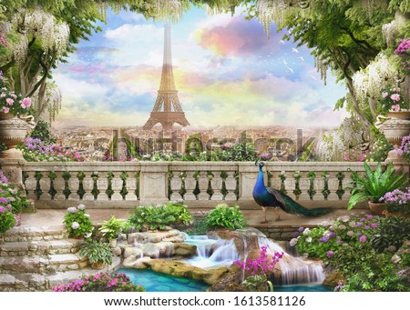 Beautiful view from the  flower-covered balcony to the Eiffel tower and pink sunrise.  Digital collage , mural and fresco. Wallpaper. Poster design. Modular panno. 3d render
