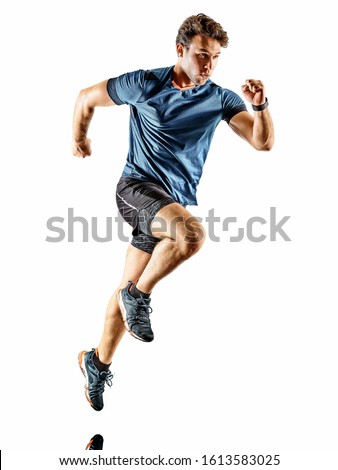 one caucasian runner running jogger jogger young man in studio isolated on white background Royalty-Free Stock Photo #1613583025