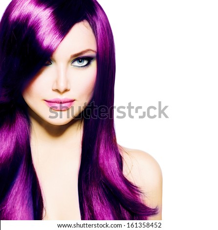 Beautiful Girl with Healthy Long Purple Hair and Blue Eyes. Beauty Model Woman with Professional Makeup, Red lipstick. Hairstyle. Stylish Haircut. Fringe. Smooth Fashion Hair. Hair Coloring 