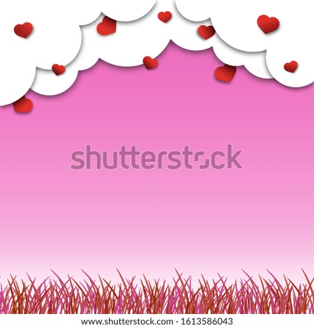 festival celebration concept, happy valentine's day, paper cut, red heart cloud sky pink background, grass, Isolated vector design