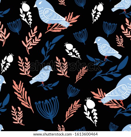 Colourful seamless pattern with flower, birds on black