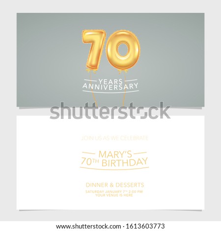 70 years anniversary invitation card vector illustration. Double sided graphic design template with text for 70th anniversary party invite 