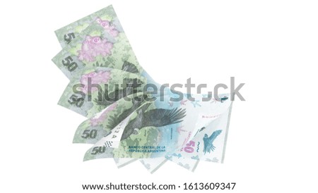 50 Argentine peso 2018, array banknotes, top view - 3d render Isolated on white background