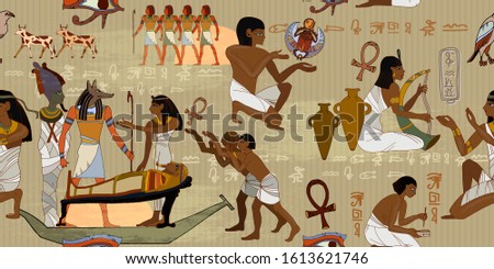Ancient Egypt frescoes. Horizontal seamless pattern. Life of egyptians. Agriculture, workmanship, farm. History art  Royalty-Free Stock Photo #1613621746