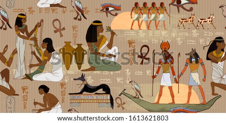 Ancient Egypt frescoes. Horizontal seamless pattern. Life of egyptians. Agriculture, workmanship, farm. History art. Hieroglyphic carvings on exterior walls of an old temple  Royalty-Free Stock Photo #1613621803