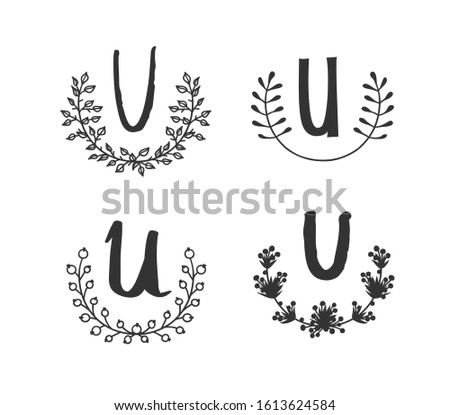 Hand drawn set of monogram objects for design use. Black Vector doodle flower on white background and Capital Letter U.  Abstract pencil boho drawing twig. Artistic illustration elements plant