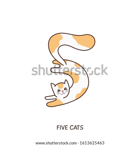 Learning to count flashcards for children. Numbers and counting practice sheet. Cute vector cat characters in hand-drawn kawaii style. Learn and play. Worksheet for preschool, kindergarten. Five (5).
