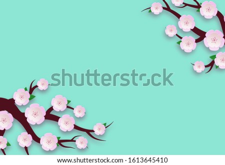 Paper cut spring background. Blossom cherry banner. Blossom branch sakura. Spring flower blooming card. Japanese floral background. Paper cut blossom cherry for womens, mother day. Decorative vector