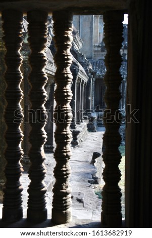 Scenery abstraction portrait photo of the ancient construction interior of Angkor Wat, Siem Reap