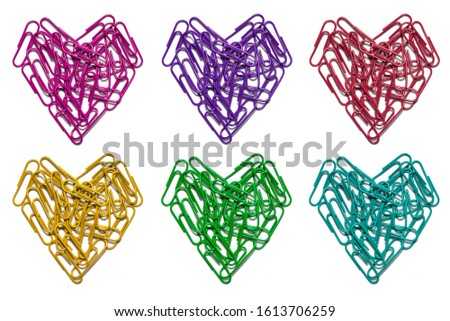 Colorful Heart of  paper clips isolated on white background. (Valentines day background)