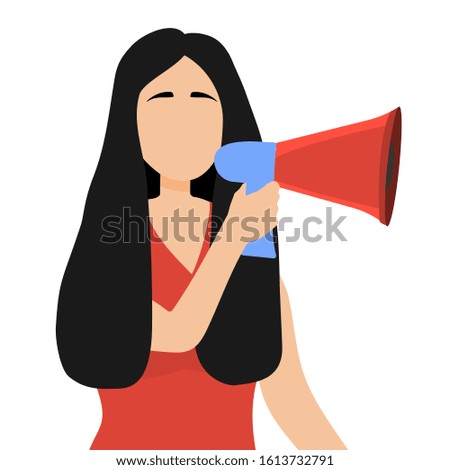 Woman speaks in a sound megaphone isolated on white background