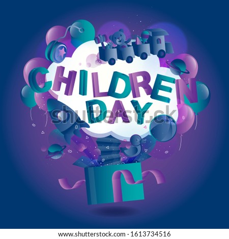 Vector illustration Children's day template with cute toy from a gift box.