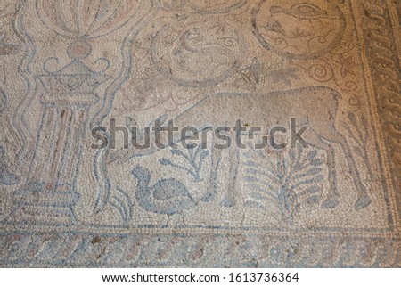 Closeup view of ancient mosaic. Horizontal color photography.