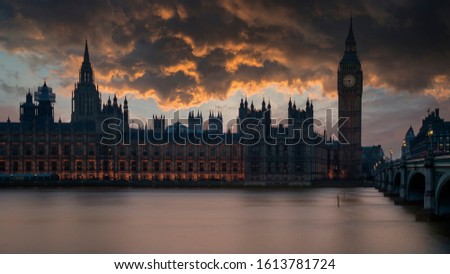 Stunning landscape image of Big Ben and Houses of Parliamnet in London during vibrant majestic sunset