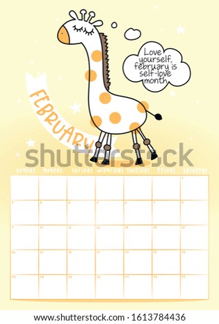 2020 february calendar with calligraphy phrase and Giraffe doodle: create your own sunshine. Desk calendar, planner design, week starts on sunday, stationery design.