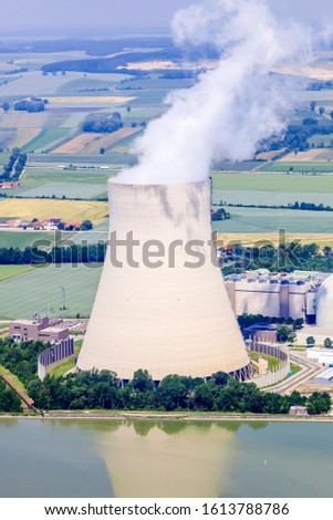 Aerial view, EON nuclear power plants Isar I and Isar II with reactor buildings and cooling tower on the Isar River, Essenbach, Bavaria, Germany
