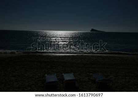 the lonely sandy beach of Benidorm, Alicante Province, Costa Blanca, Spain