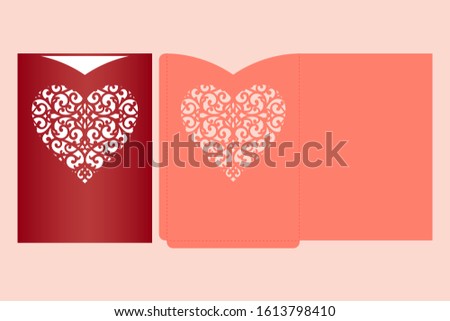 Laser cut pocket envelope with patterned heart. Template for cutting. Wedding invitation or valentine greeting card mockup with lace heart.