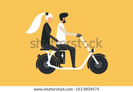 Cartoon picture with woman and man they ride fast modern electric scooter. Male and female. Enjoying futuristic bike ride. Flat style vector illustration. Yellow background.