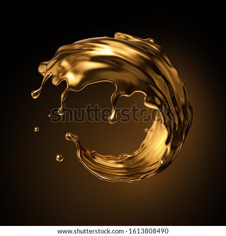 3d rendering, round gold liquid splash, metallic wave, swirl, cosmetic oil, golden splashing clip art, artistic paint, abstract design element isolated on black background. Luxury beauty concept