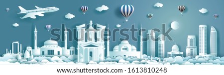 Travel architecture landmark of Jordan with modern building, monument, ancient. Business brochure modern design.Tourism arab landmarks of asian with balloon and cloud background. Vector illustration. Royalty-Free Stock Photo #1613810248