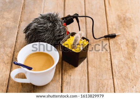 The microphone is used to connect to a DSLR camera and mobile phone with a coffee in a white mug, and a cactus in a pot on a wooden table.