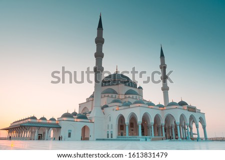 Scenic beauty of Sharjah New mosque, Second Largest mosque in Middle east, Dubai Travel and Tourism Concept Image Royalty-Free Stock Photo #1613831479