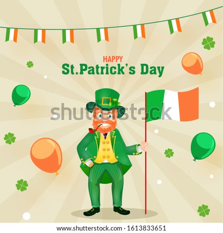 Cheerful Leprechaun Man holding Irish National Flag with Smoking Pipe, Balloons and Shamrock Leaves Decorated Rays Background for St. Patrick's Day.