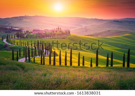 Well known Tuscany landscape with grain fields, cypress trees and houses on the hills at sunset. Summer rural landscape with curved road in Tuscany, Italy, Europe Royalty-Free Stock Photo #1613838031