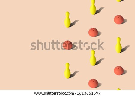 Bowling balls and skittles game set pattern minimal creative concept. Copy space.