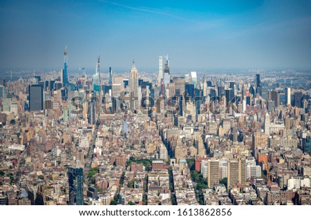 Downtown Manhattan island, New York City, United States of America - summer fall  2019 : [ Hudson river view and helicopter aerial look on the city skyline buildings ]