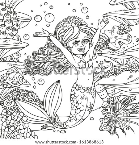 Cute happy little mermaid girl  on underwater world with corals, seaweed, anemones and cartoon fishes background outlined