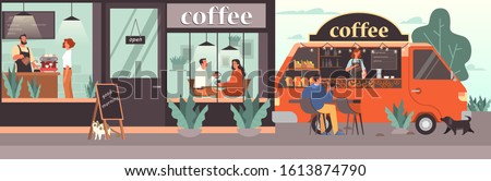 People having lunch in coffee shop. Female and male characters drink coffee in coffee shop. Mobile coffee shop track. Isolated vector illustration