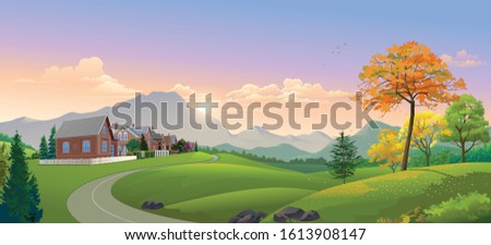 A little European town near the meadows and the sunset Royalty-Free Stock Photo #1613908147