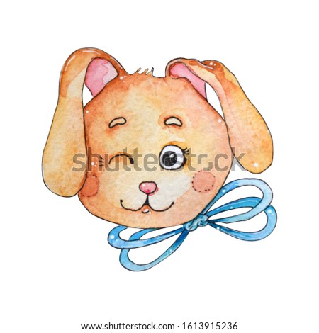 Hand drawn watercolor Easter elements. Cartoon rabbit face with bow isolated on white background. Perfect for greating cards, invitation, stickers, prints etc