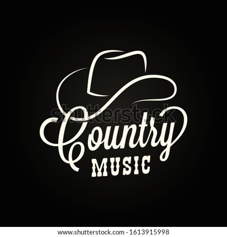 Country music sign. Cowboy hat with country music lettering on black background Royalty-Free Stock Photo #1613915998