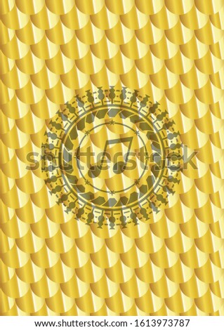 musical note icon inside golden emblem or badge. Scales pattern. Vector Illustration. Detailed.