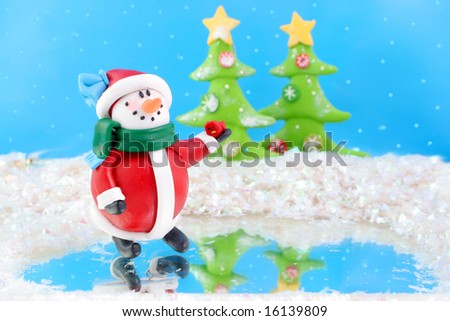 fantasy wonderland scene with  snowman skating on ice and christmas trees in the background