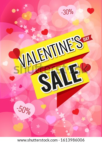 Pink poster with yellow ribbon and text Valentines Day Sale. Red paper hearts on bright background. Vector illustration.