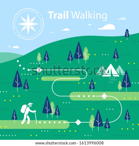 Hiking or trekking map, forest trail, running or cycling path, orienteering game, lush landscape with hills and trees, ecological environment, summer park camp, vector flat design illustration