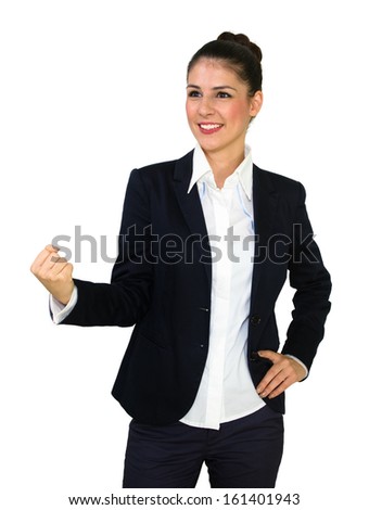 Young happy smiling business woman with hair bun with clenched fist isolated over white background. Success concept