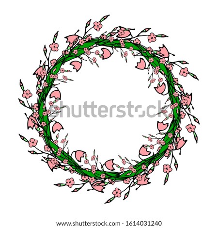 Cute wreath with tulips and willow branches. Spring design for invitation, greeting card, wedding, poster, print. Vector stock illustration. White background