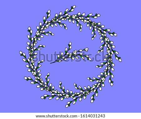 Cute wreath with willow branches. Spring design for invitation, greeting card, wedding, poster, print. Vector stock illustration. Blue background