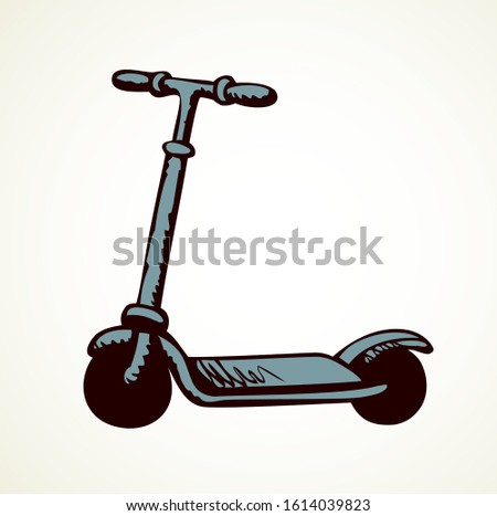 Simple cute little scooter isolated on white road backdrop. Freehand line black ink hand drawn logo sign pictogram emblem in grunge art retro print style pen on paper space for text. Closeup side view