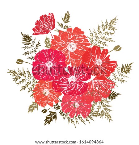 Decorative hand drawn poppy  flowers, design elements. Can be used for cards, invitations, banners, posters, print design. Floral background in line art style
