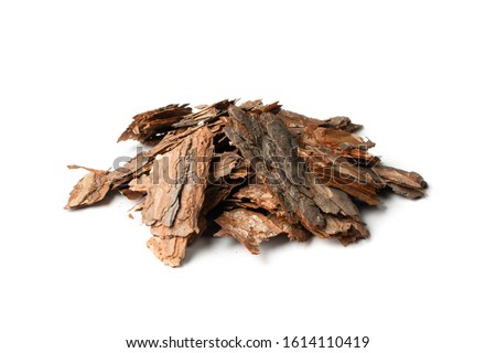 Heap of Dry Pine Tree Bark Pieces Isolated on White. Broken Woods Nature Chip Royalty-Free Stock Photo #1614110419
