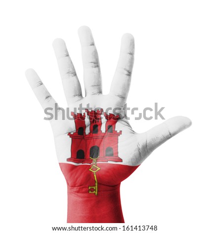 Open hand raised, multi purpose concept, Gibraltar flag painted - isolated on white background