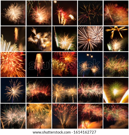 Set of beautiful fireworks in dark sky. Full size.